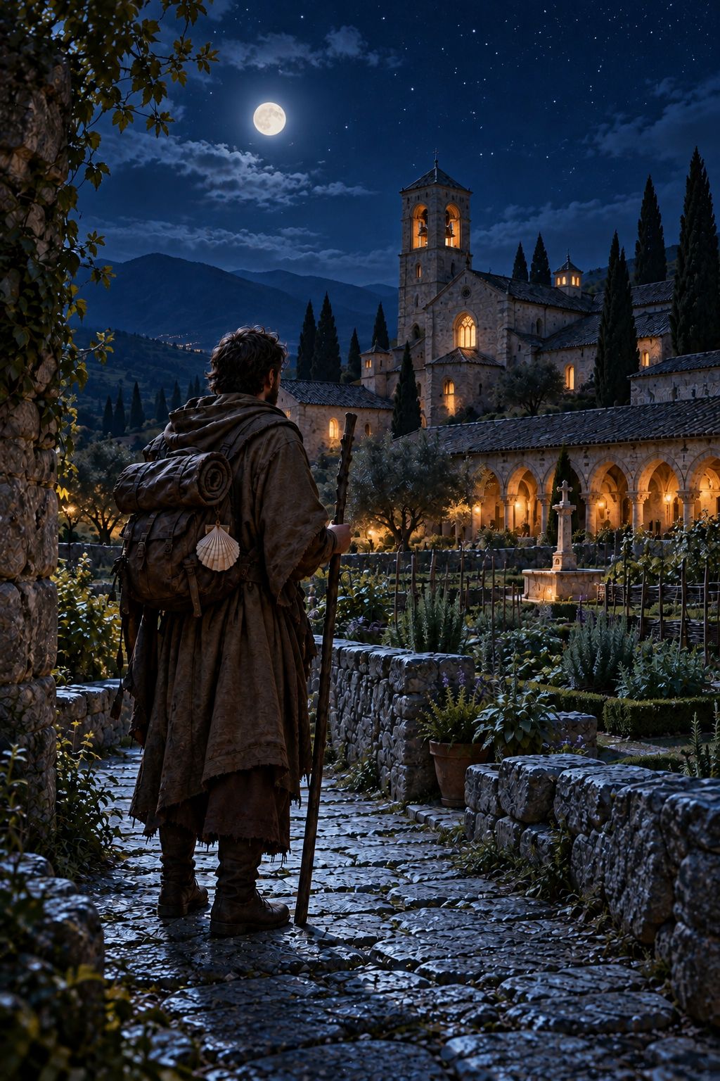 The pilgrim before the gate of an old abbey with a cloister, ordered herb garden beds and a bell tower