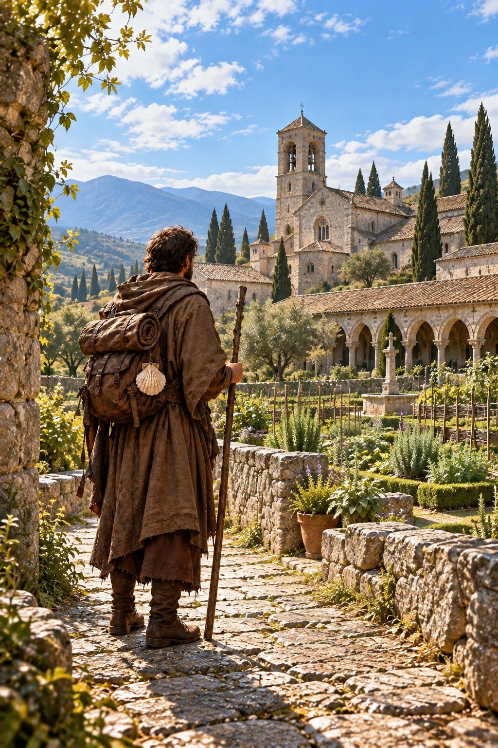 The pilgrim before the abbey garden in daylight